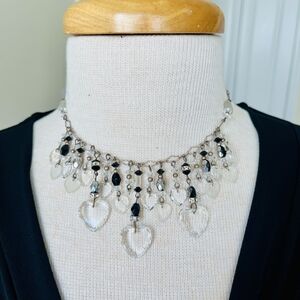 Chic 16" SS Necklace W/ Dangling  Clear Glass Hearts and Black Beads